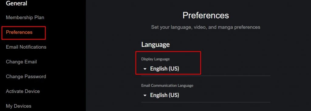 Changing display language on Crunchyroll
