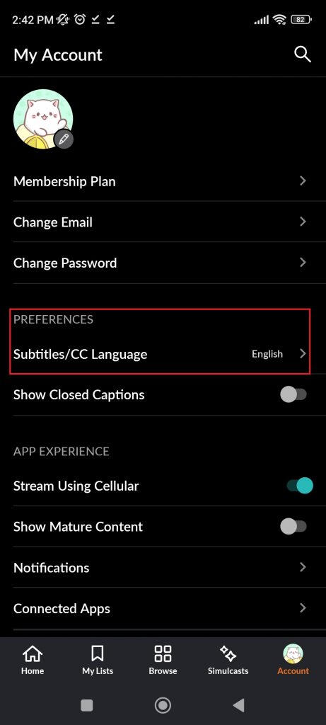 Subtitle/CC language menu.