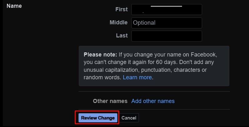 Review change on Facebook