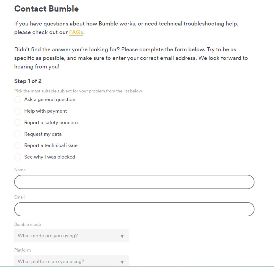 Bumble contact form