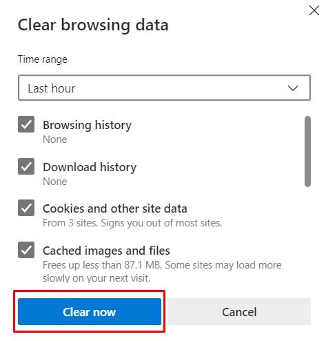 Clear cache on Edge browser 