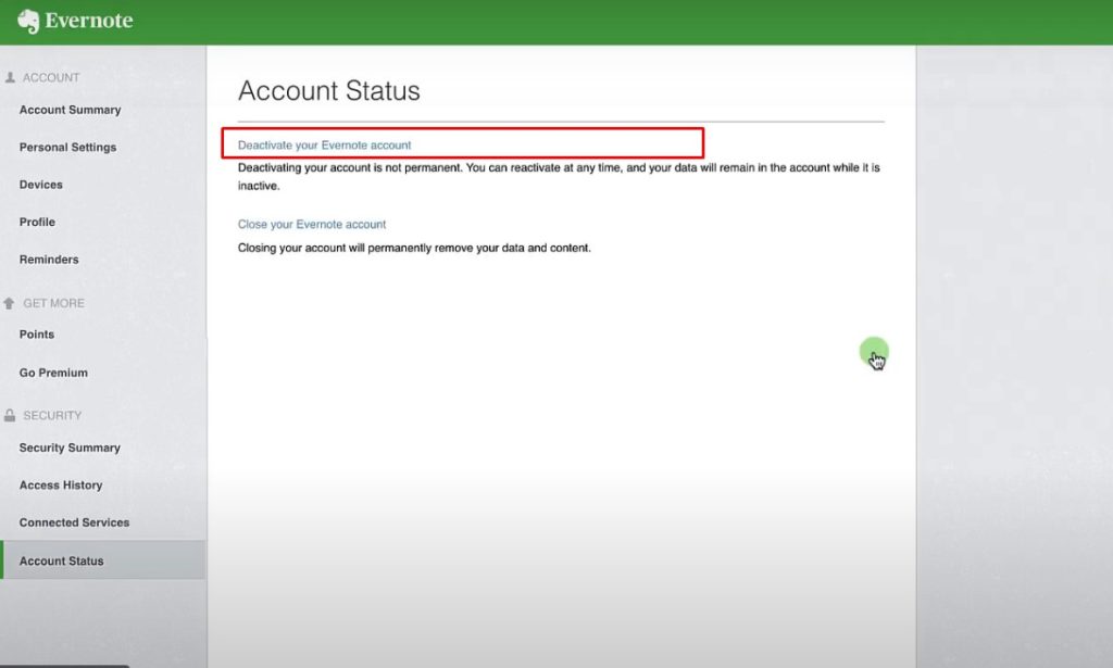 Account status in Evernote