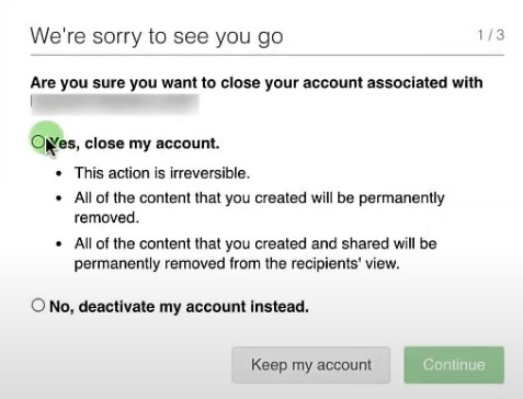 Confirmation to delete Evernote account