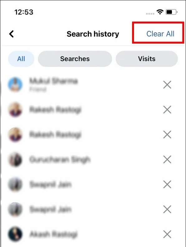 Click Clear All button to Delete Facebook Search History