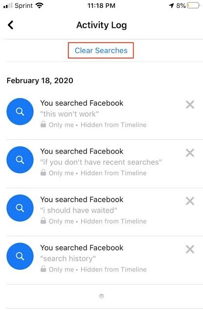 tap Clear searches to Delete Facebook Search History