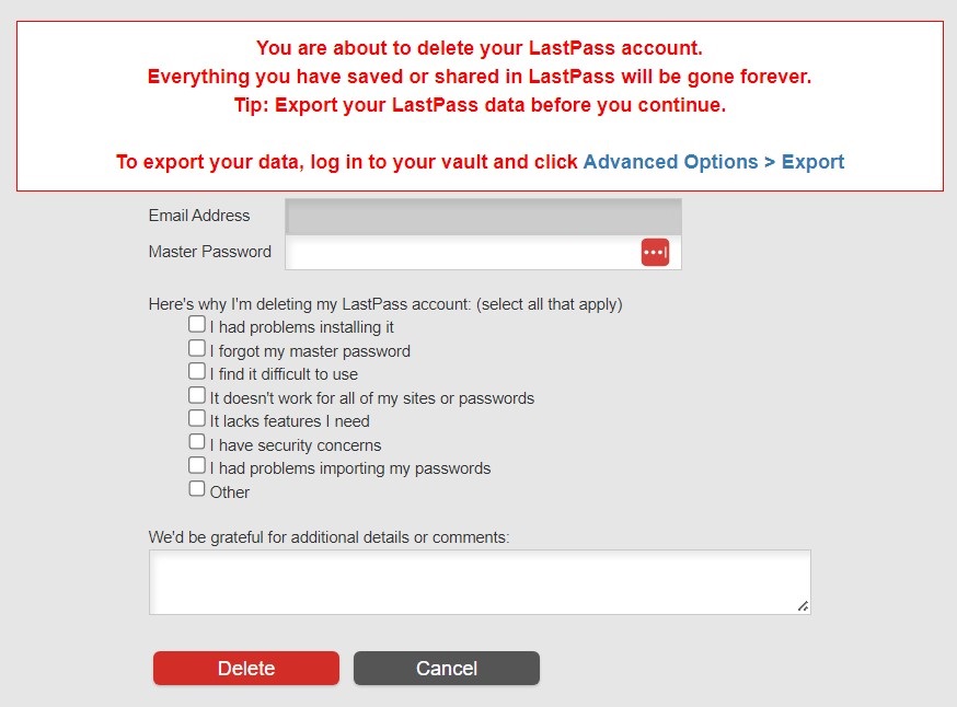 LastPass delete account