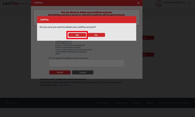 Click Yes to Delete LastPass Account