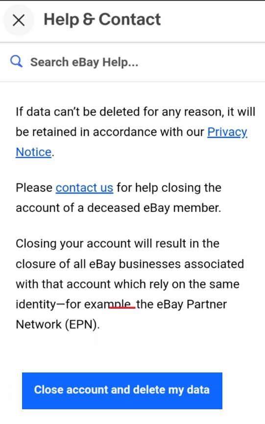 Delete eBay account on mobile