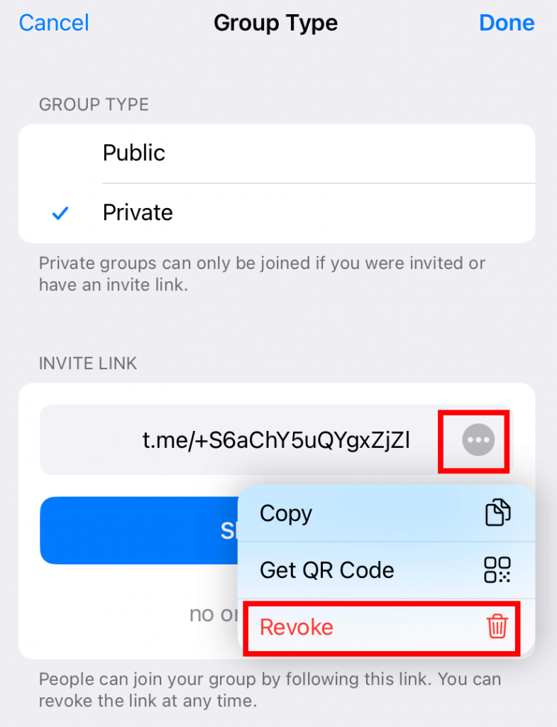 Revoke the private group URL