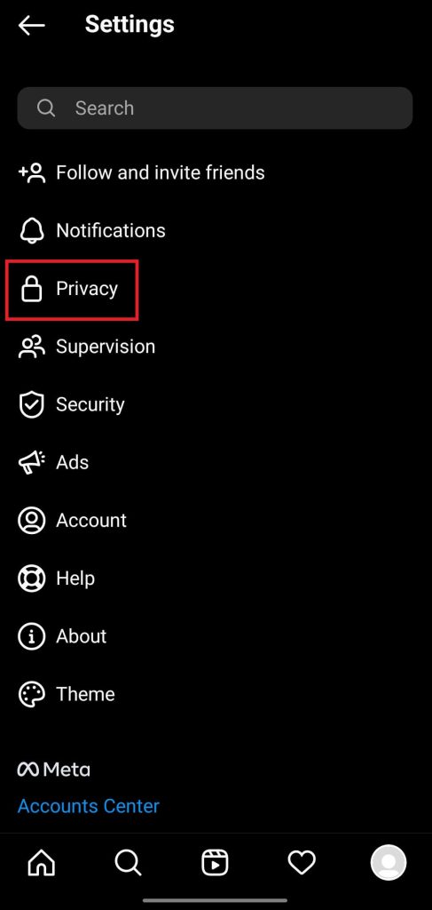 Tap on the Privacy option