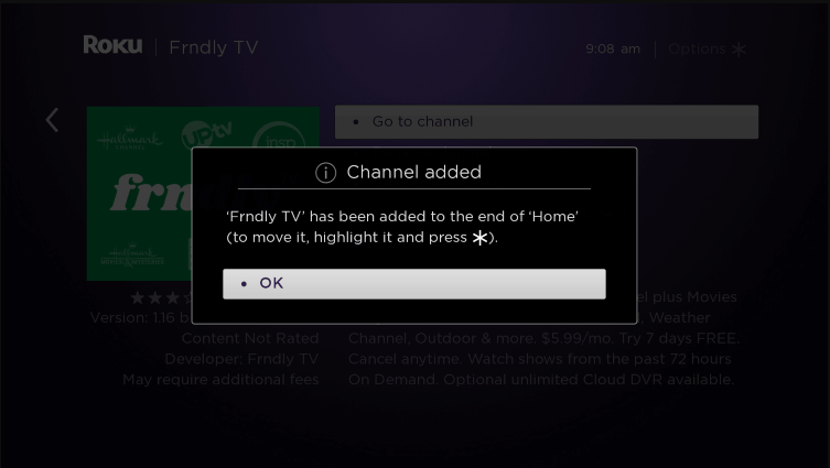 Tap OK to Install Frndly TV on Roku