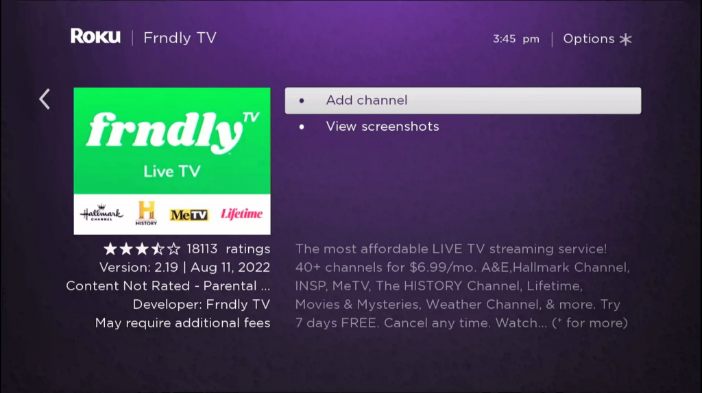 click on Add Channel to install Frndly TV on Roku