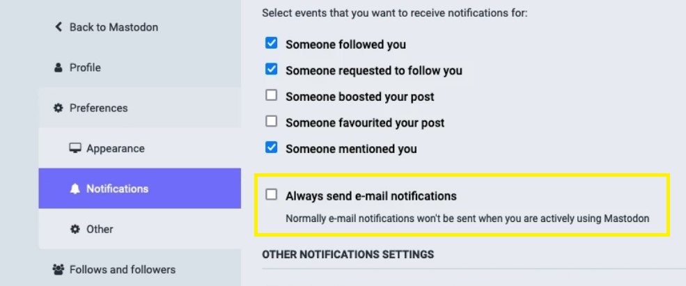 Disbabling email notifications.