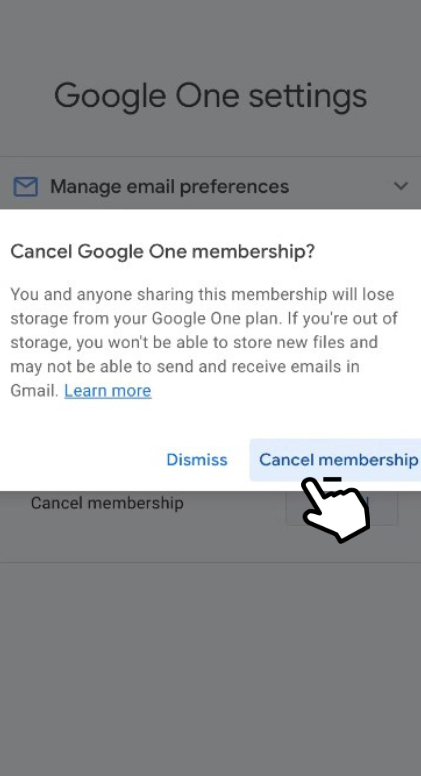 Choose Cancel Membership to end Google One subscription