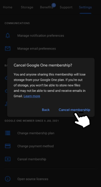 Hit Cancel Membership to terminate Google One subscription