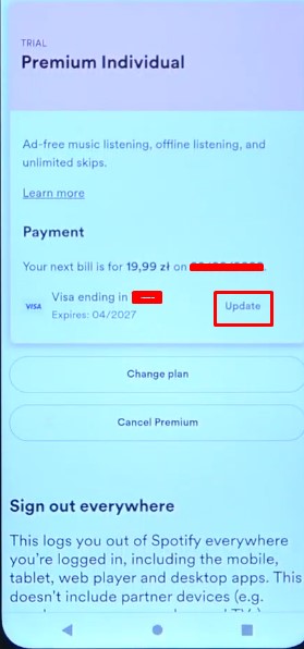 update Spotify payment