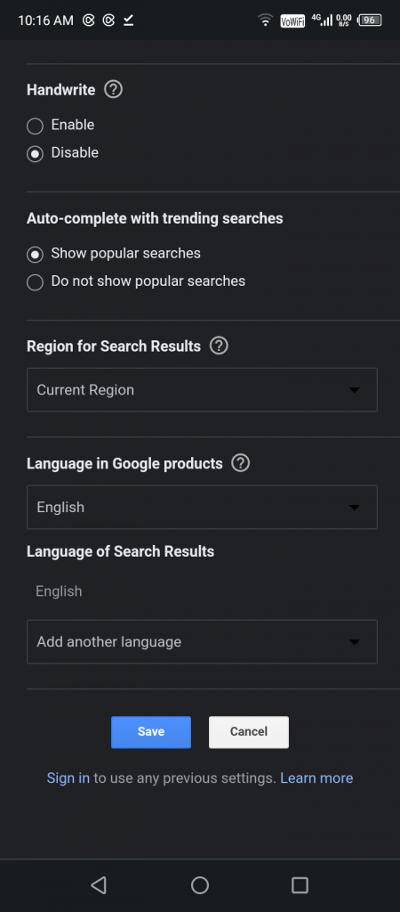 Save search settings on Chrome mobile