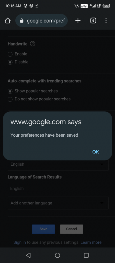 Turn off dark mode on Google