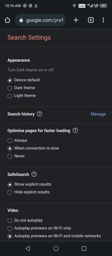 Appearance in Search Settings