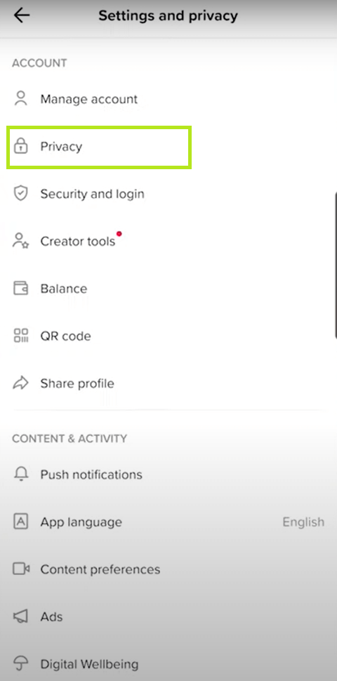 Under Account, select Privacy