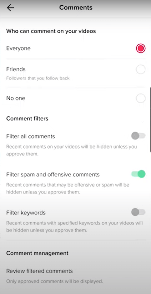 Under Who Can Comment on Your Videos, select your preference to Limit Comments on Tiktok. 