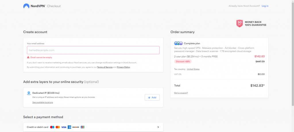 create NordVPN account