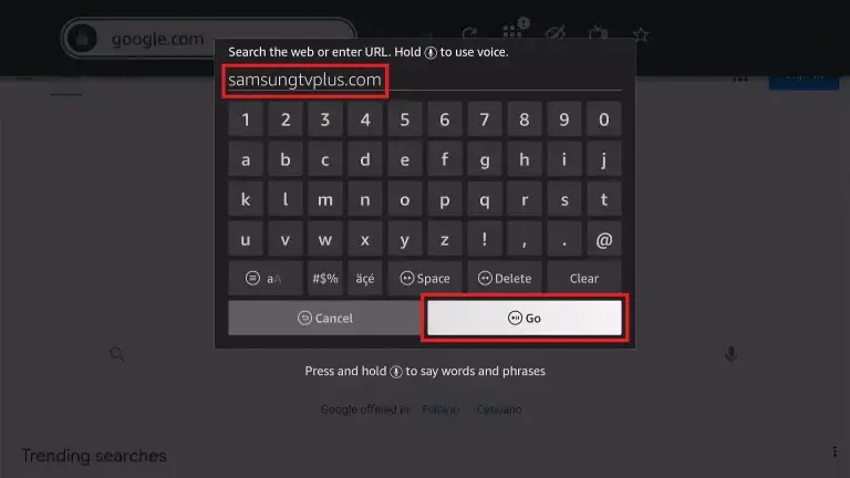 Type samsungtvplus.com and tap the Go button