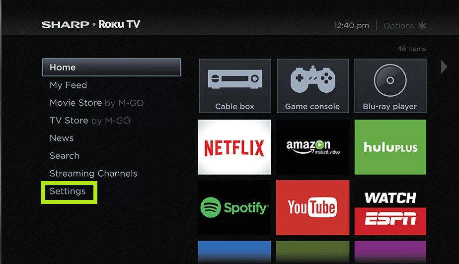 Click on the Settings icon from your Roku home page. 