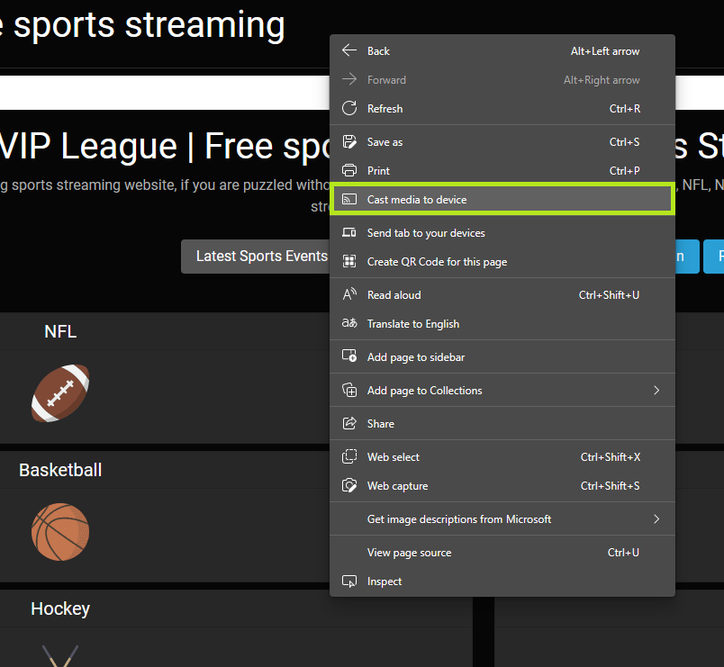 Chromecast VIPLeague to smart TV via Edge Browser.