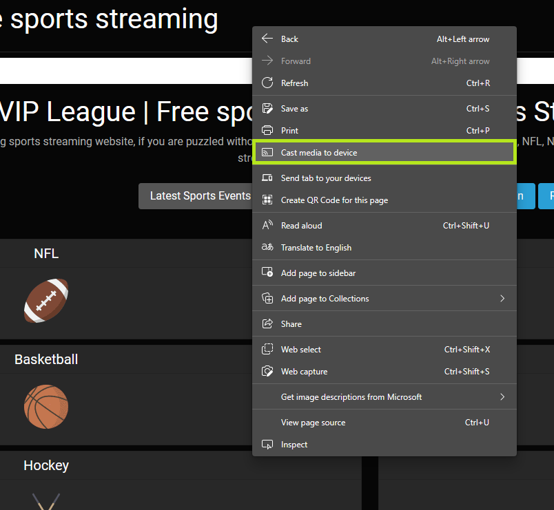 Chromecast VIPLeague to smart TV via Edge Browser. 