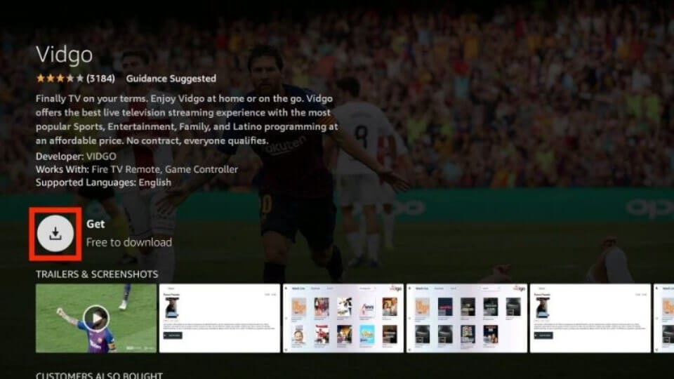 Tap Get button to get Vidgo on Firestick