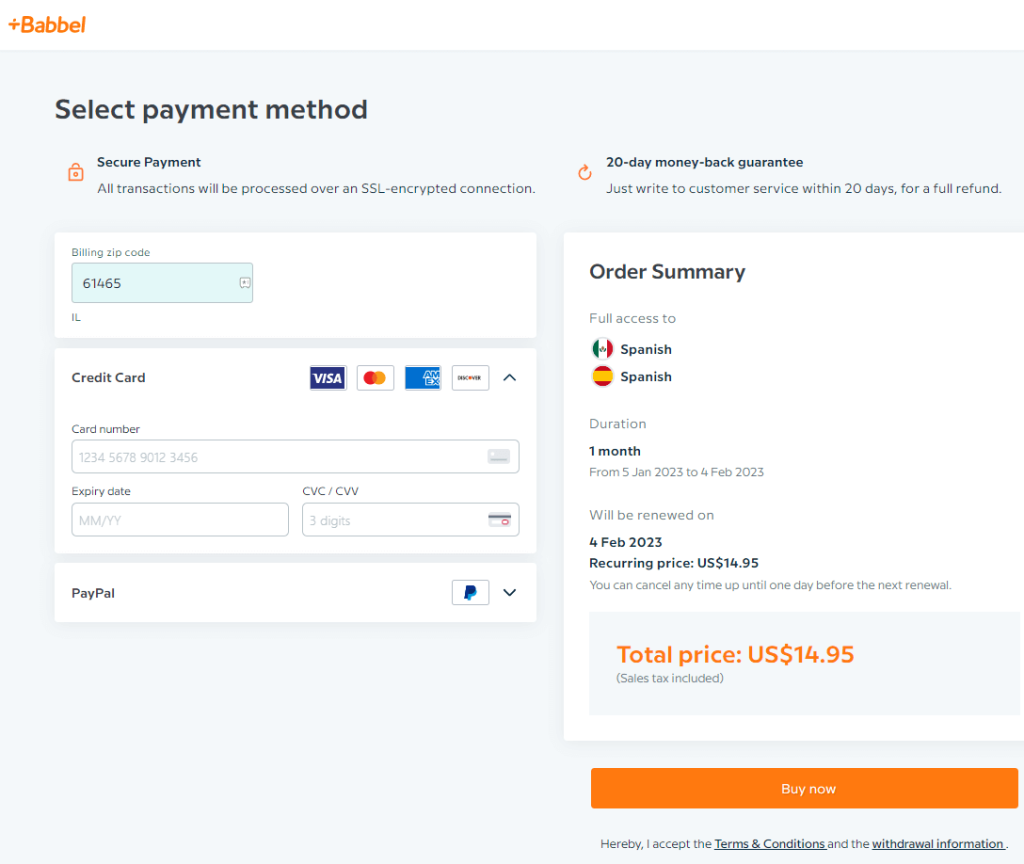 select the payment method for Babbel free trial subscription