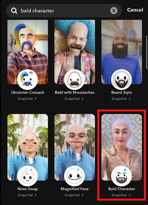 Select the Bald Character icon to add Buzz Cut filter on Snapchat