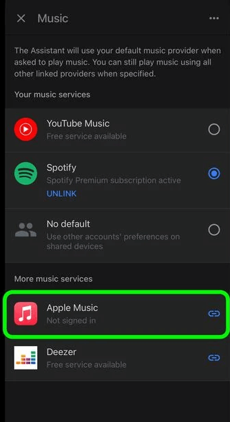 click on the Link icon next to Apple Music