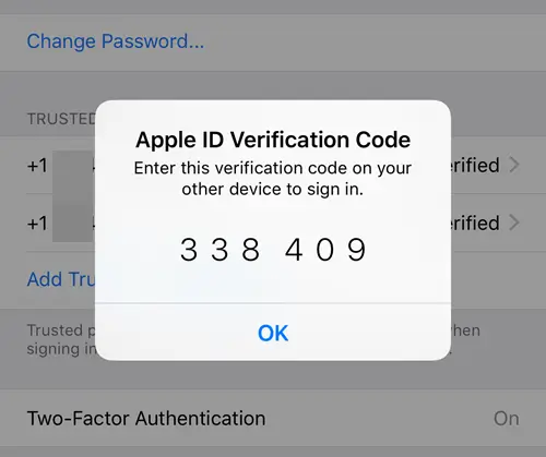 enter the Apple ID verification code and hit the OK button.