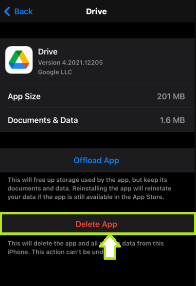 Delete the app to Clear Google Drive Cache on iPhone. 