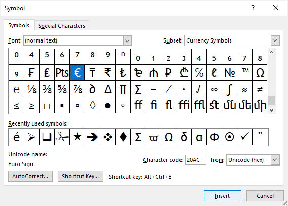 Insert Euro Symbol Using Insert Menu