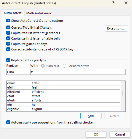 Insert Euro Symbol Using AutoCorrect