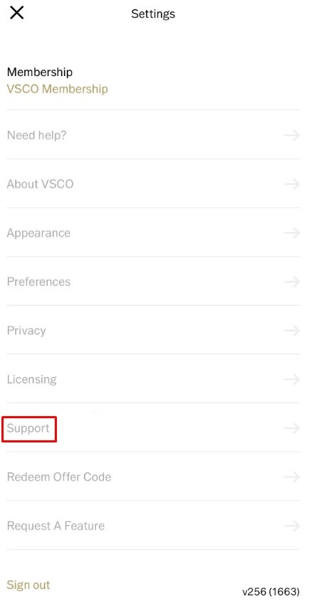 VSCO Support option