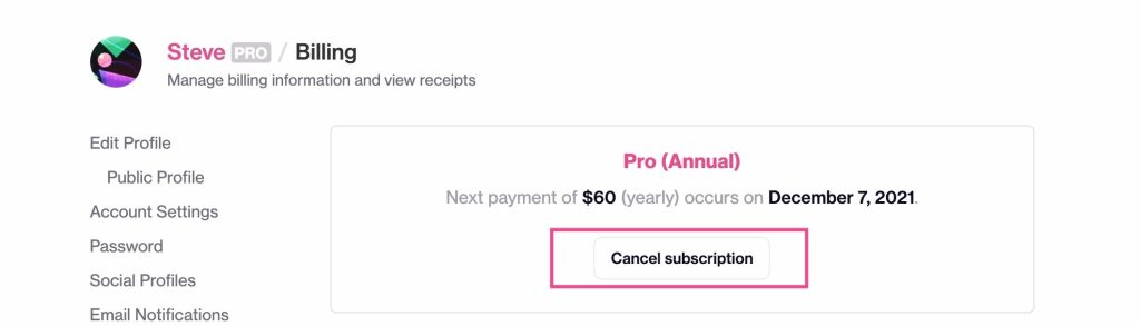 click Cancel subscription  to Cancel Dribbleup subscription 