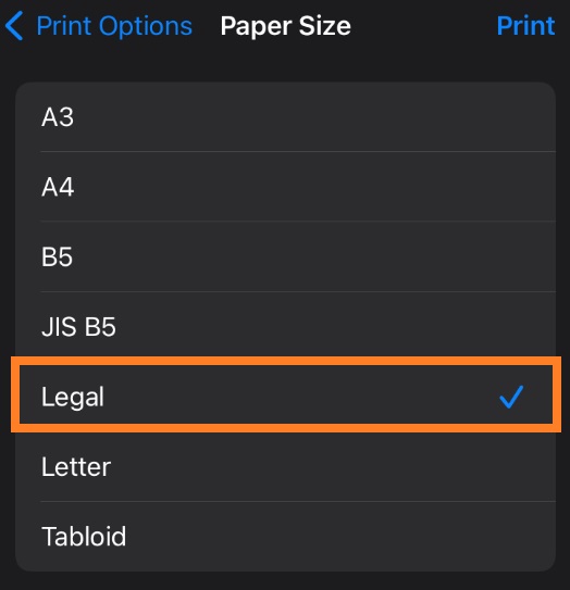 Tap the Paper Size option