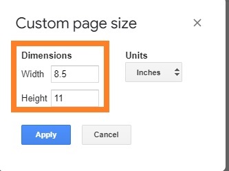 Enter the Width and height- Change Paper Size in Google Docs