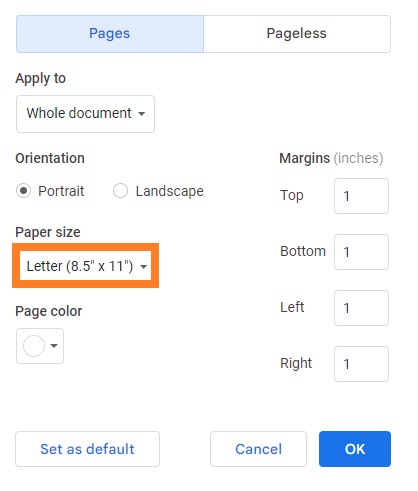  Click the Paper size drop-down