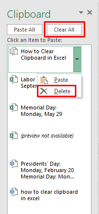 Click the Clear All button to Clear Clipboard in Excel