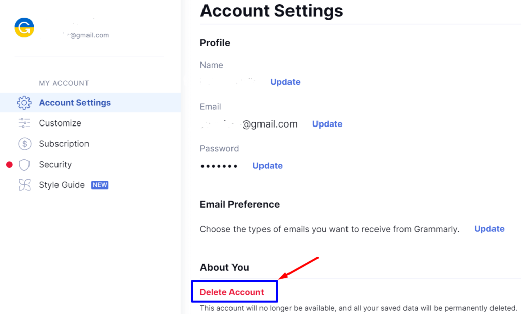click Delete Account to Delete Grammarly Account 