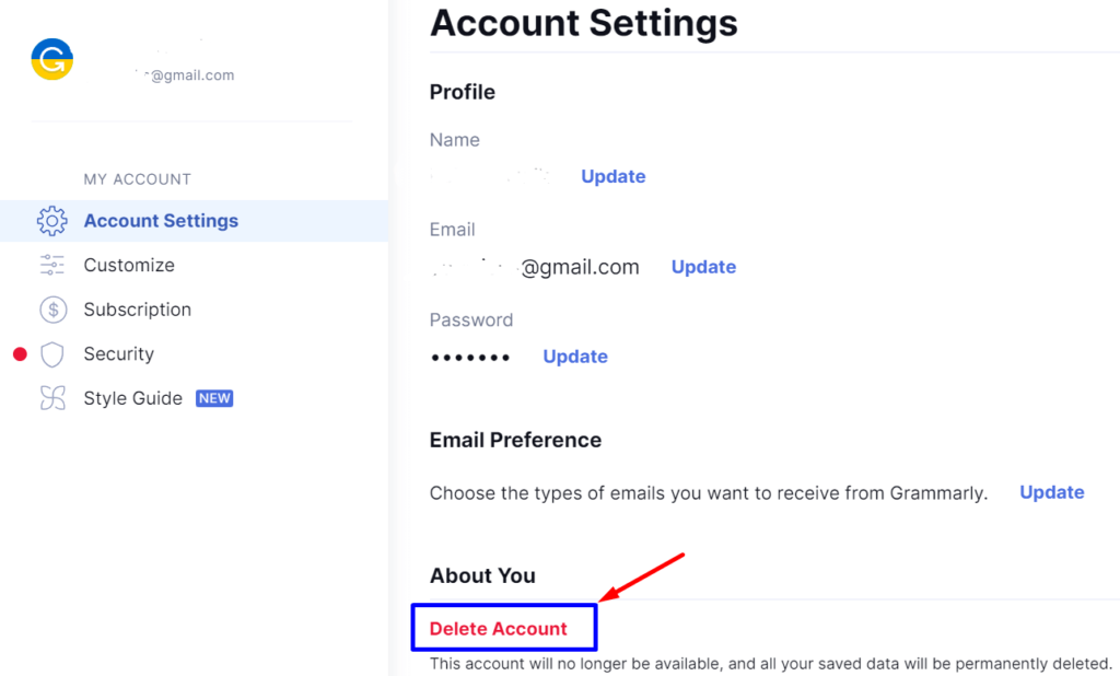 click Delete Account to Delete Grammarly Account