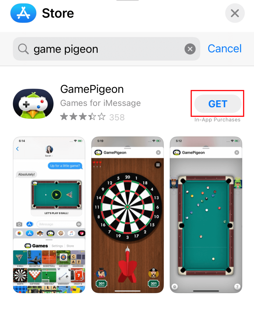 Tap the Get button to download the GamePigeon app