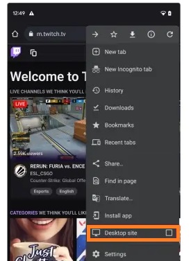 Select the Desktop site- See Who Follows You on Twitch 