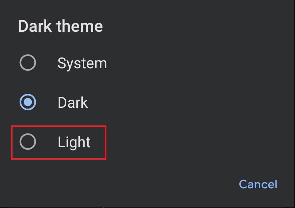 Select the Light option to turn off dark mode on the Google Earth app.