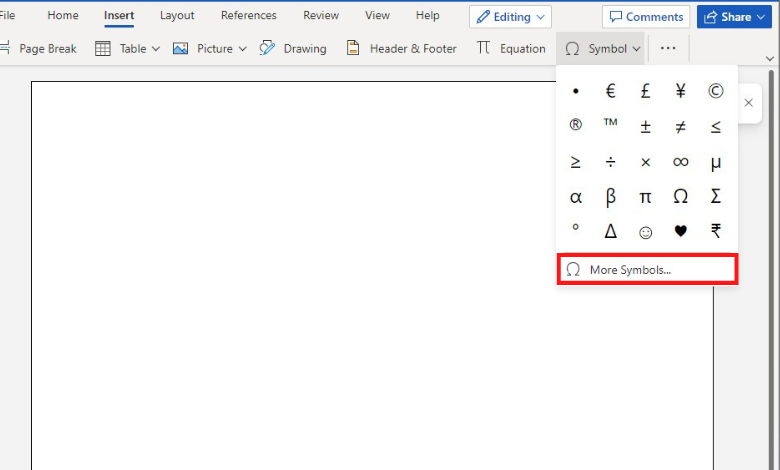 Select Symbol and choose More Symbols on Word